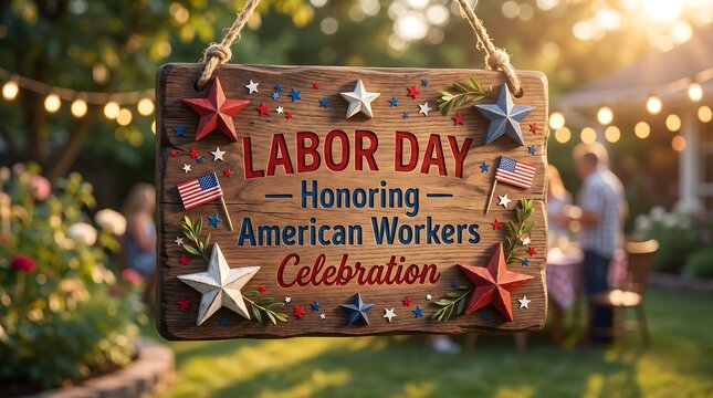 Labor Day Honoring American Workers Celebration Wooden Sign in Backyard Garden Party Background for Patriotic Holiday