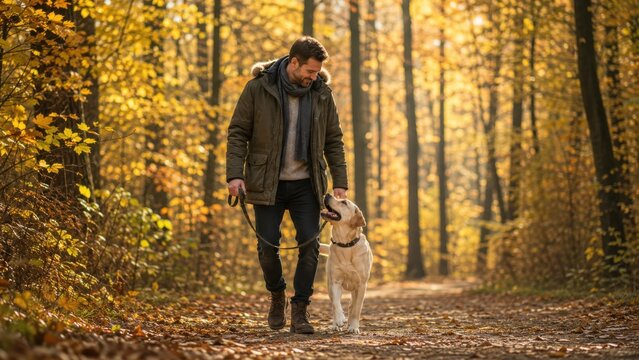 Herbstspaziergang mit Hund in Polen: Ein Mann wandert mit seinem Labrador durch goldenen Laubwald und genie&szlig;t Natur, Bewegung, Ruhe und entspannte Reisezeit im farbenfrohen Herbst.