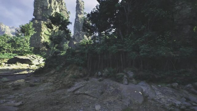 rocky plain meeting dense forest edge, exposed bedrock, scattered shrubs and transitional habitat perfect for landscape, ecology and travel concepts
