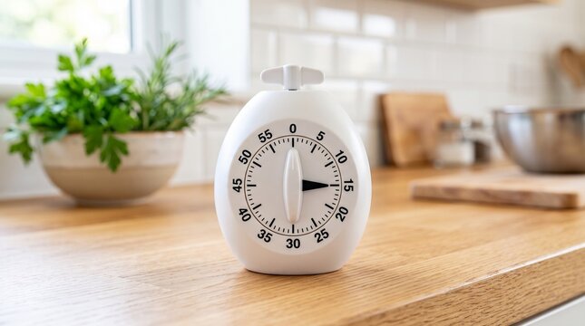 Plastic white egg timer in modern kitchen setting on wooden table  