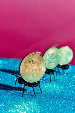 three toy ants march with bitcoins, captured using shutter drag