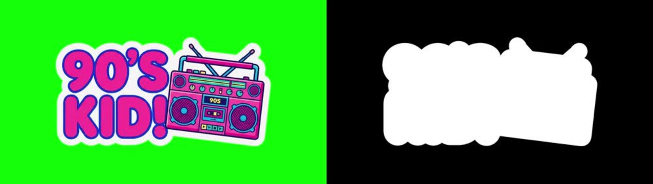 90s nostalgia and Y2K sticker pack collage, throwback badges, stop motion animation on green screen