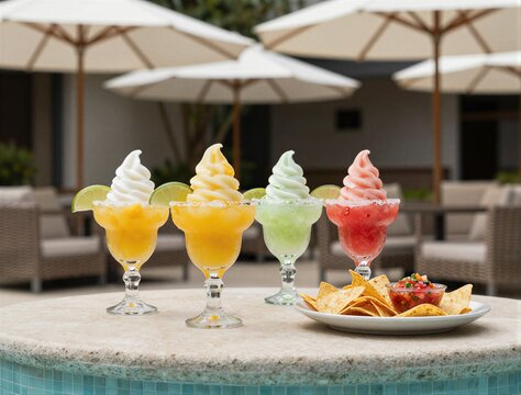 Four colorful frozen drinks with chips by poolside lounge