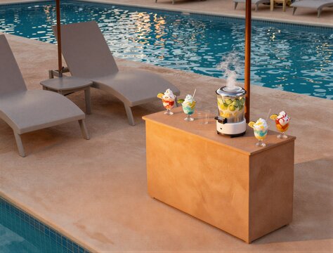 Poolside drink station with blender and cocktails beside swimming pool