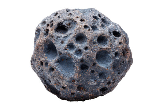 Single dark cratered asteroid with rugged porous rocky surface isolated on transparent background