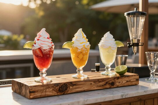 Three fruit frozen drinks topped with soft serve on wooden board