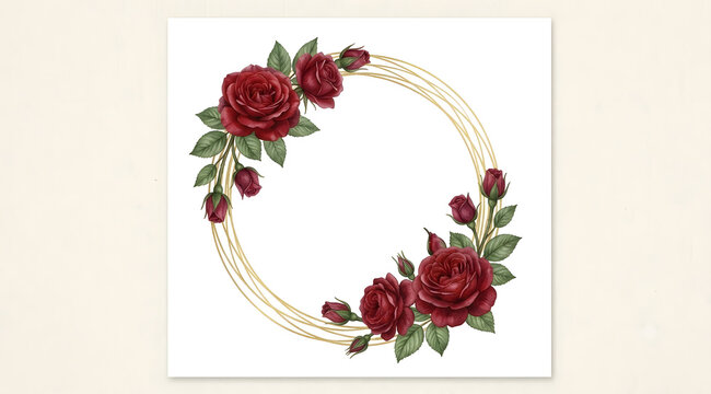 frame with roses
Romantic Red Rose Watercolor Gold Circle Frame, Vintage Red Rose Floral Wreath in Geometric Gold Border, Luxury Red Rose Wedding Invitation Element, Fine Art Botanical Watercolor: Red