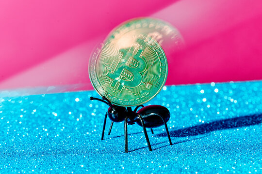 a toy ant carries a gold bitcoin, captured using shutter drag