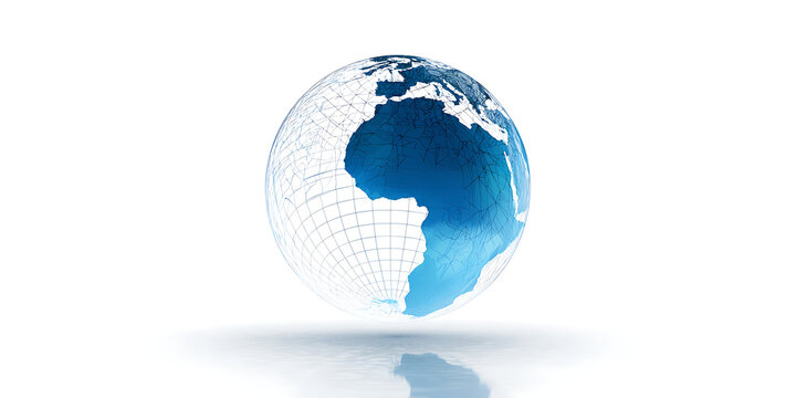 A realistic earth globe with a wireframe grid and reflection on a white background