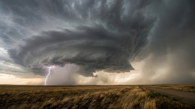 Dramatic supercell thunderstorm with a rotating wall cloud over the vast open plains during a storm chase
