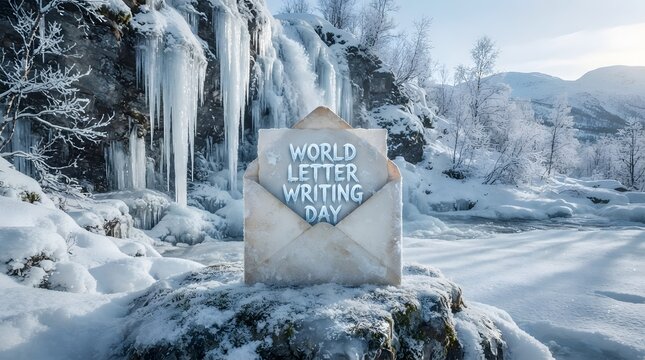 A vintage envelope with the text winter waiting placed on a snowy rock in a frozen landscape