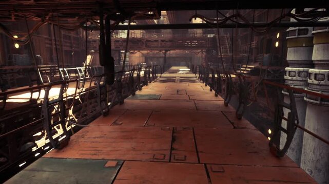 sunlit factory passage with warm highlights across textured panels and worn metal, soft glow reveals grain and oxidation, inviting contrast of brightness