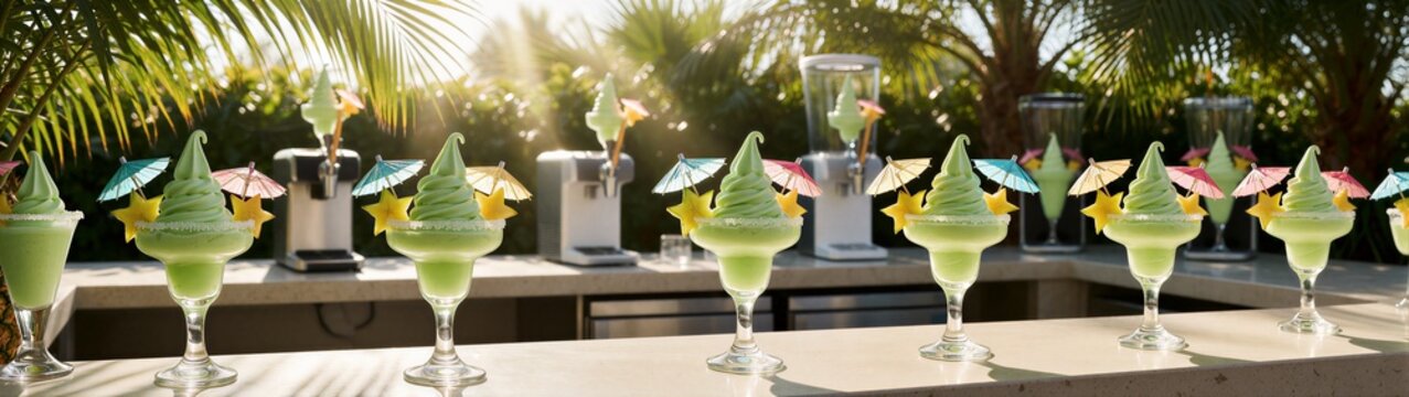 Green soft serve desserts lined up on outdoor bar counter