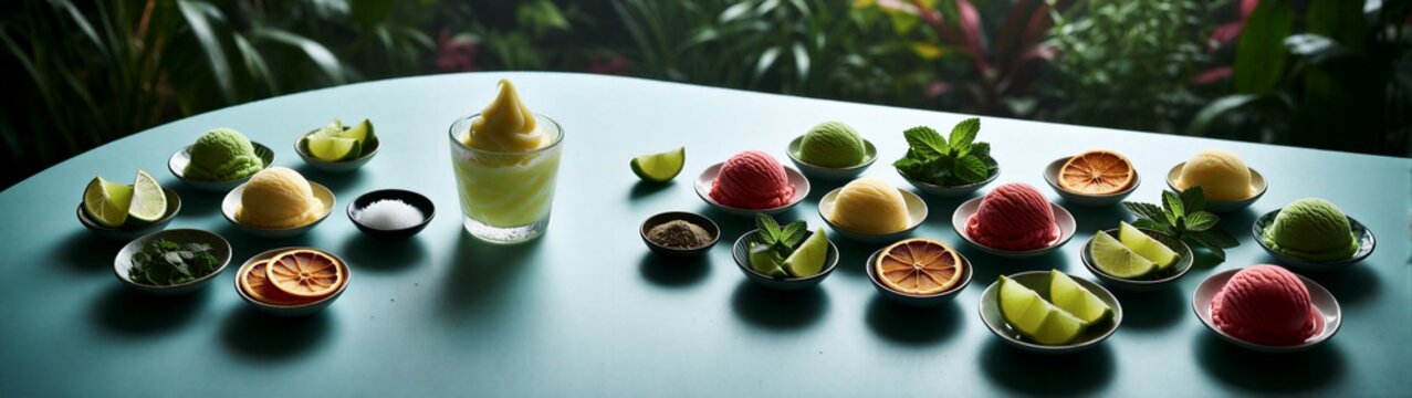 Assorted sorbets and citrus garnishes on teal table