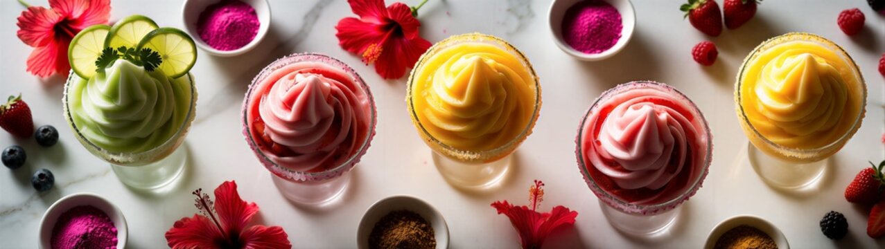 Assorted fruit sorbets arranged in glasses on white surface