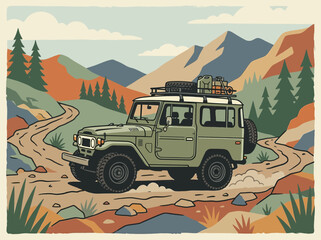 Vintage green offroad vehicle with loaded roof rack illustration.