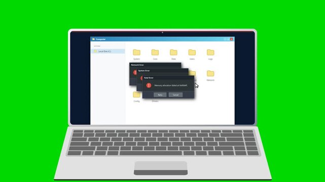 Laptop showing multiple system error popup windows on green screen. 4K Video