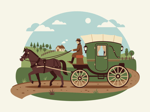 Vintage green horse drawn carriage with driver on a rural road.