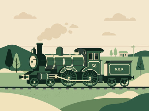 Vintage Green Steam Locomotive Engine Vector Illustration.
