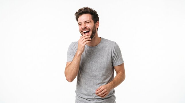 Young Man Laughing Hysterically Covering Mouth with Hand Wearing Grey T Shirt Studio Shot
