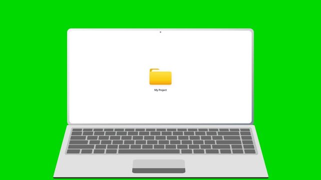 Laptop animation showing a folder being renamed on white screen. 4K Video