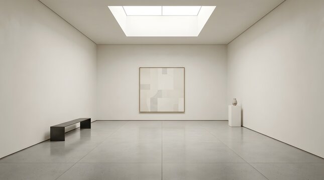 Modern minimalist art gallery interior with natural light and sleek decor
