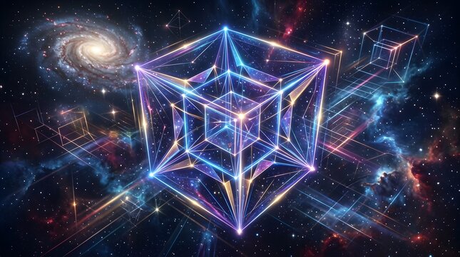 Tesseract cube glows within a cosmic space backdrop.