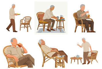 Senior man relaxing and enjoying drinks in various poses flat vector illustration set
