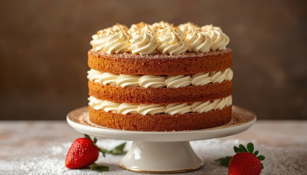 Layered sponge cake with cream frosting on a cake stand