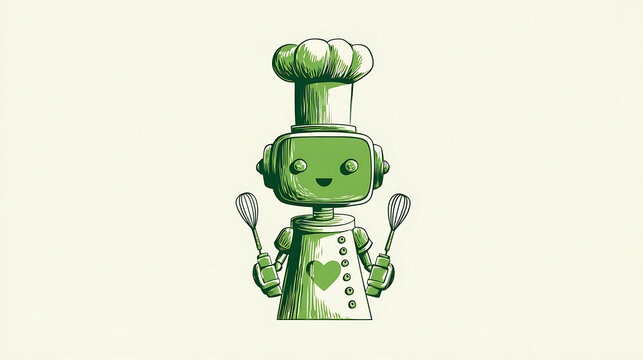 Green robot chef illustration with whisking tools wearing a tall chef s hat and apron
