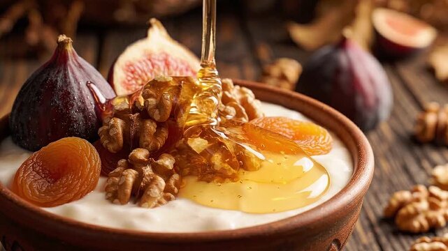 Honey pouring over greek yogurt bowl with dried apricot, walnut, and fresh fig. Healthy breakfast meal with organic ingredients. Rustic food preparation concept.