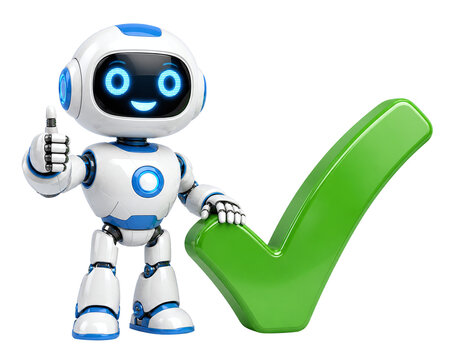 Friendly 3D robot character giving a thumbs up gesture and leaning on a large green check mark, cute AI mascot for success, approval, and verification isolated on transparent background.