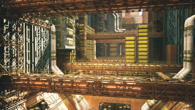 dense control core corridor featuring serverlike cabinets, heavy conduits, maintenance walkways, illuminated control boxes and reflective metallic surfaces