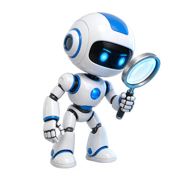 3D robot character investigating with a magnifying glass, AI search assistant mascot for research and analysis isolated on transparent background.