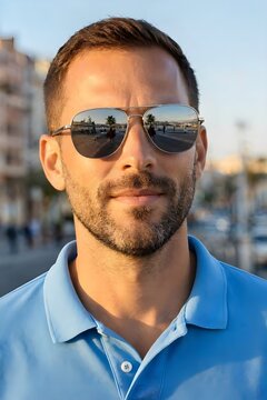 uomo con ochhiali da sole e polo in esatate