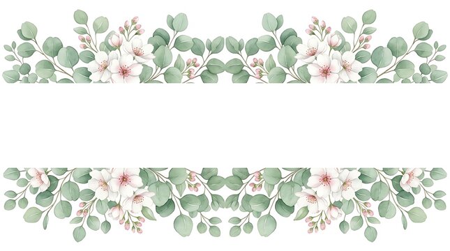 Watercolor floral border with green eucalyptus leaves and soft pink cherry blossom flowers on a white background