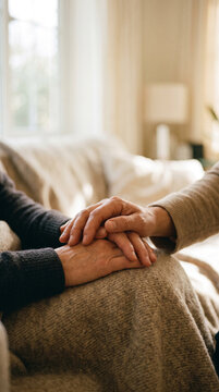 Close-up of two people holding hands in a comforting gesture, Yellow September awareness, suicide prevention, and mental health care