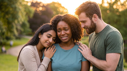 Fototapeta premium A diverse group of friends supporting each other in an outdoor park during golden hour, authentic smiles, active listening, emotional wellbeing, human connectionYellow September awareness