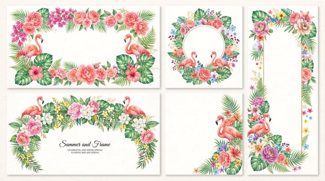 Watercolor Tropical Flamingo and Floral Frames Collection