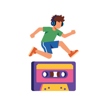 Man Running Over Retro Cassette Tape with Headphones | Flat Design Illustration