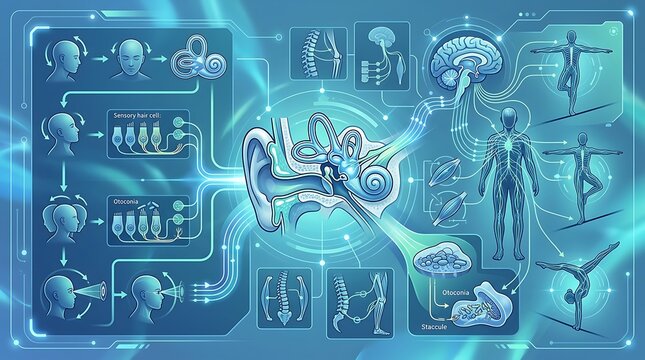 Human inner ear vestibular system and balance mechanism infographic