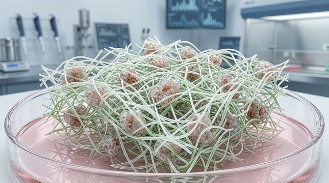Revolutionary bioengineered tissue scaffold featuring living multicellular organoid structures woven into an intricate organic fiber lattice, futuristic regenerative medicine laboratory, 
