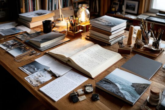 Creative workspace filled with books, sketches, and personal notes in a cozy environment