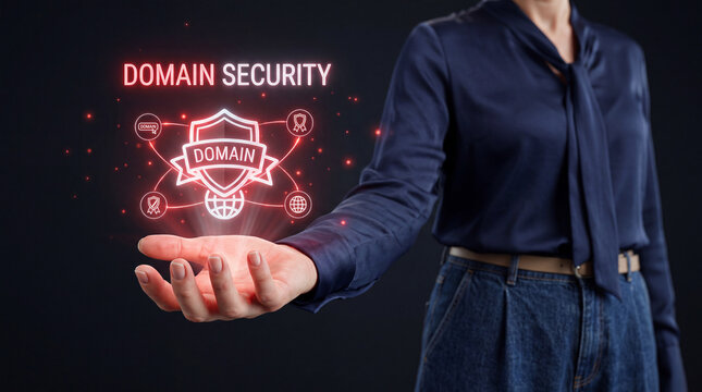 Domain Security Badge Hologram Above Businesswoman Hand