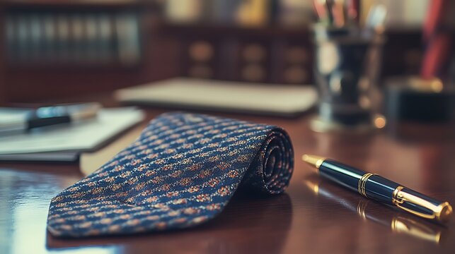 Elegant office setting featuring a patterned silk tie luxury fountain pen and legal documents on a wooden desk