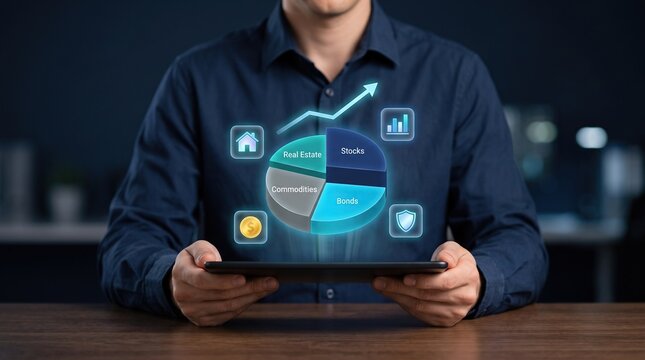 Investment Portfolio Concept With Person Holding Tablet Beneath Holographic Pie Chart Showing Asset Allocation Across Real Estate, Stocks, Commodities and Bonds