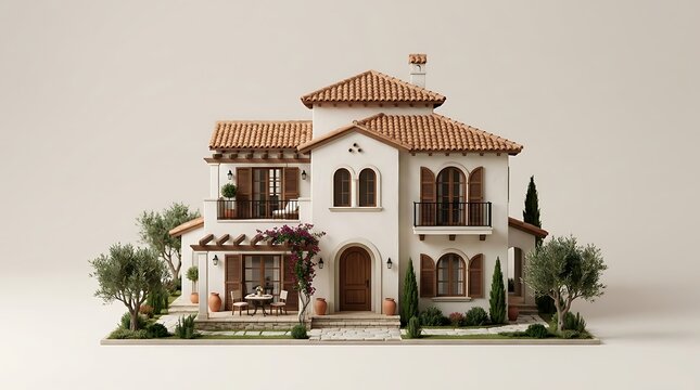 Mediterranean style villa house model with terracotta roof