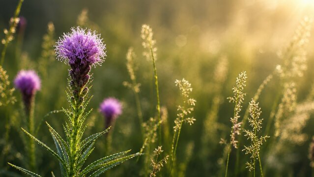 Purple Blazing Star Wildflower with Dew at Sunrise in a Summer Meadow