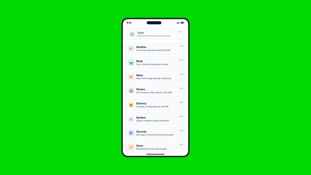 Smartphone notification screen mockups with app lists on green background. 4K Video