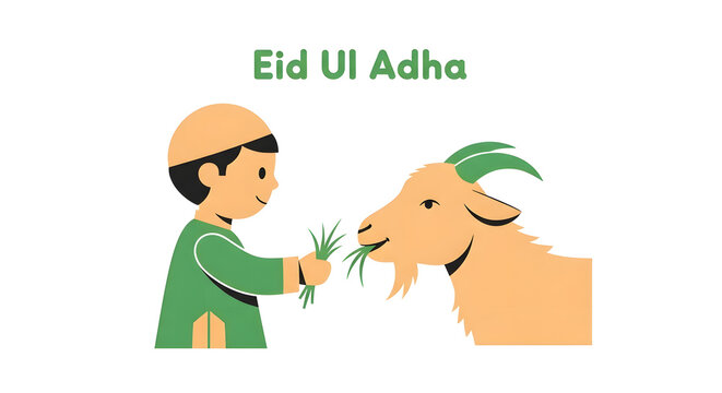 Eid Ul Adha illustration with boy feeding goat flat vector graphic